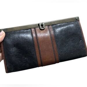 Fossil Wallet Purse Clutch Multifunction Leather Black Brown Snap Closure